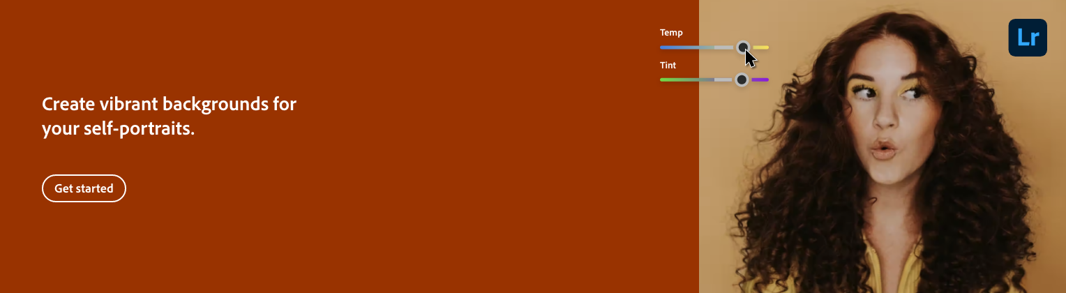 A woman with curly brown hair making a surprised face, looking off to the side, next to a color adjustment interface for creating vibrant backgrounds for self-portraits, with sliders for temperature, tint, and saturation.