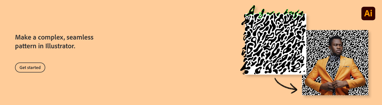 Advertisement for creating complex, seamless patterns in Adobe Illustrator, featuring two examples of black and white patterns and a person in an orange suit standing in front of one of the patterns.