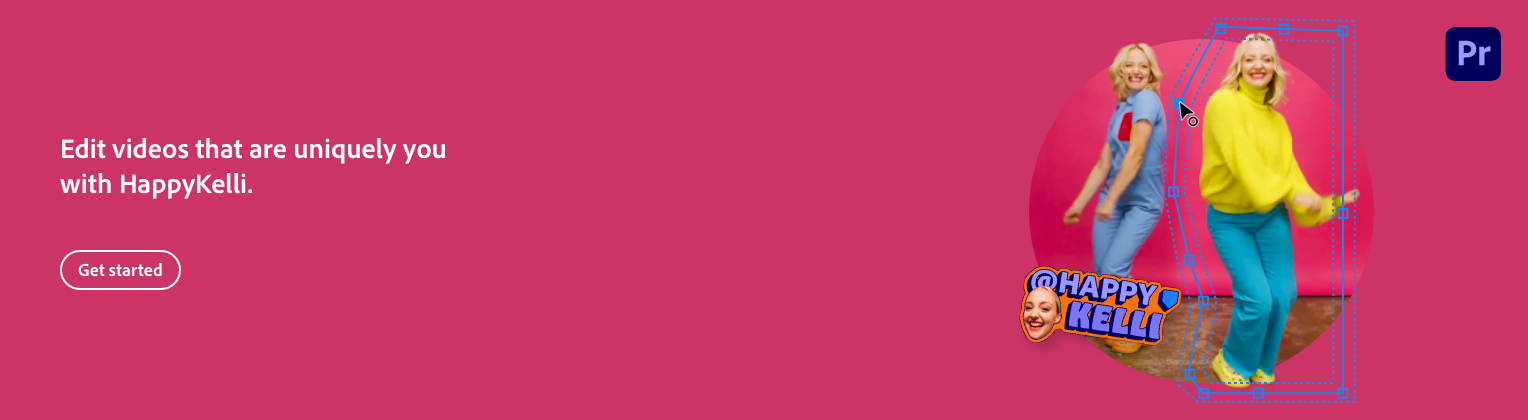 Screenshot of HappyKelli video editing app featuring a woman in a yellow sweater and blue pants smiling and dancing against a pink background.