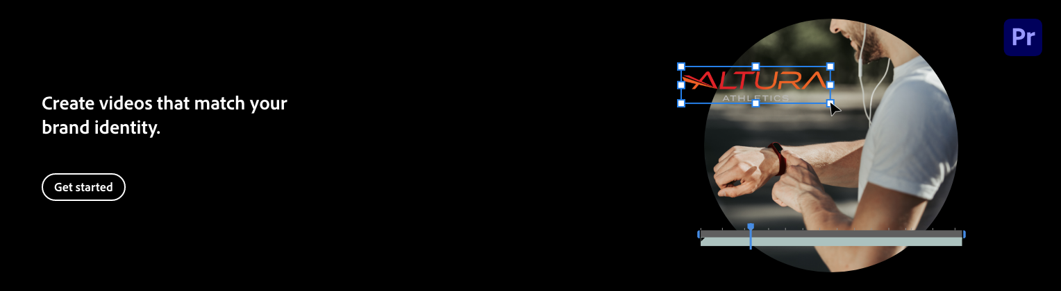 A graphic design software interface showing a photo of a man checking his smartwatch, with a logo overlay that reads 'ALTURA ATHLETICS' and a button labeled 'Get started'.