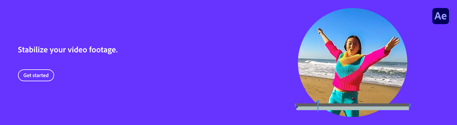 A dance or fitness app interface with a purple background, showing a woman in a colorful sweater and teal pants on a beach, smiling with arms raised, in a circular frame.