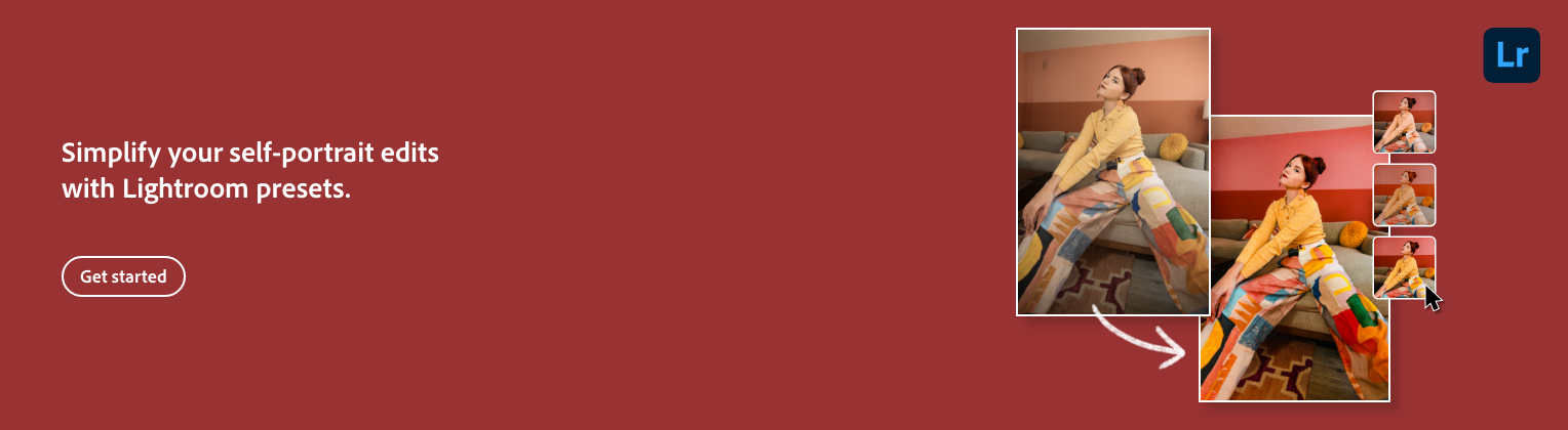 An advertisement for Lightroom presets showing a woman sitting on a couch in two different versions of a photo, demonstrating the editing process.