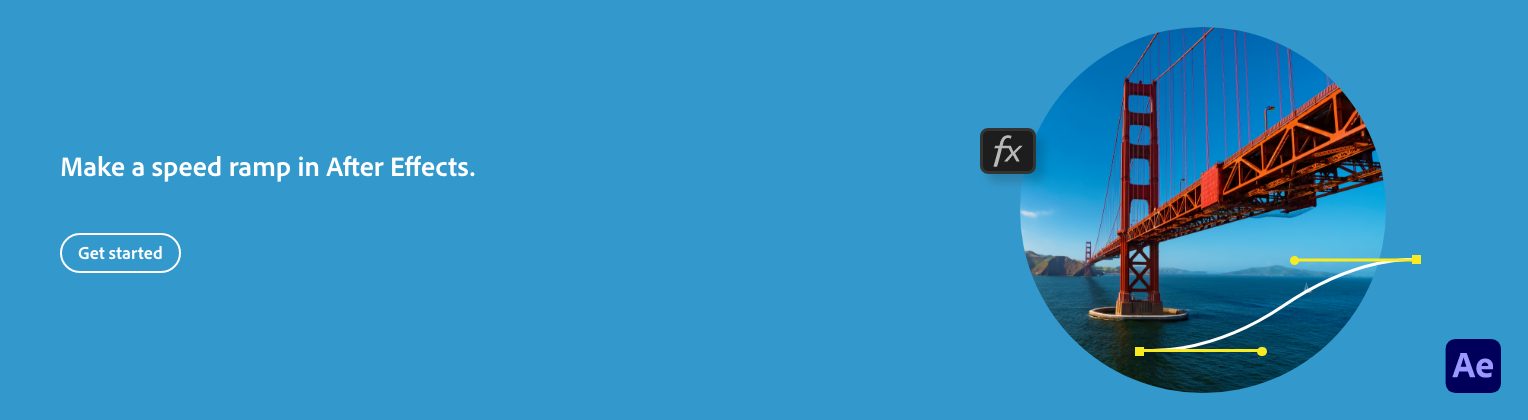 Screenshot of a tutorial or promotional webpage for creating a speed ramp in Adobe After Effects, featuring a photo of the Golden Gate Bridge with a speed curve overlay.