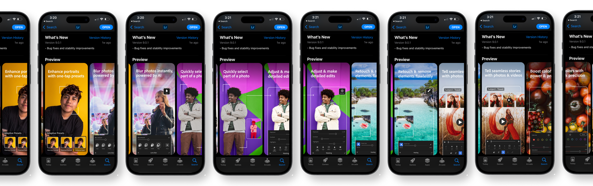 Series of iPhones showing different editing options for photo enhancement in a photo editing app, including portrait enhancement, blurring, selection, adjustment, retouching, and color boosting.