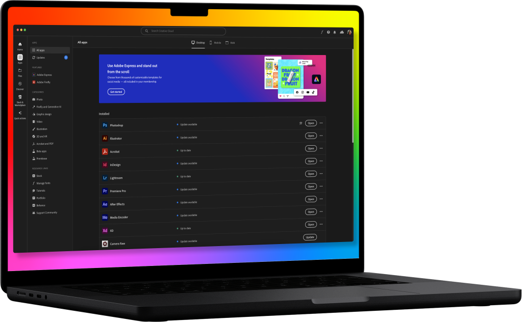 A black laptop displaying a software interface with a dark theme, menu options on the left, and app icons with updates listed on the right.