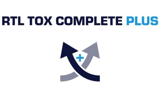 RTL Tox Complete Plus logo with black and blue text and a circular arrow design with plus sign in the center
