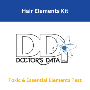 Cover of Hair Elements Kit by Doctor's Data, featuring the company logo with atomic model graphic and the title 'Toxic & Essential Elements Test'.