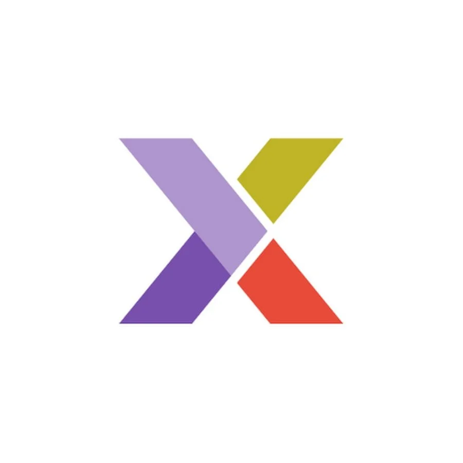 A multicolored abstract logo with four shapes forming an 'X' on a white background, colors include purple, green, red, and lavender.