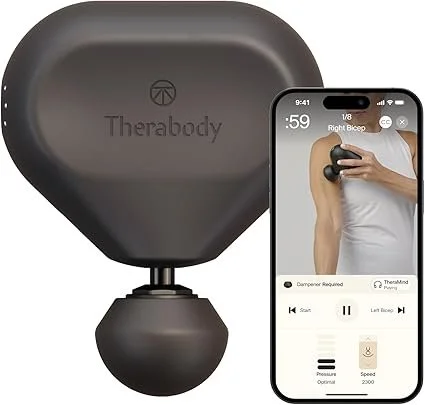 A Therabody massage device attached to a smartphone displaying a therapy session.