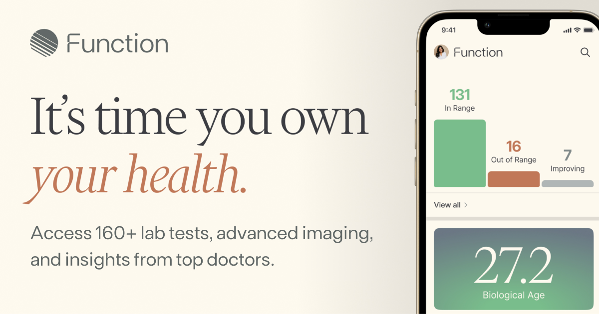 A mobile app screen from Function displaying health data, including a bar chart indicating 131 in-range results, 16 out-of-range results, and 7 improving results, along with a biological age of 27.2.