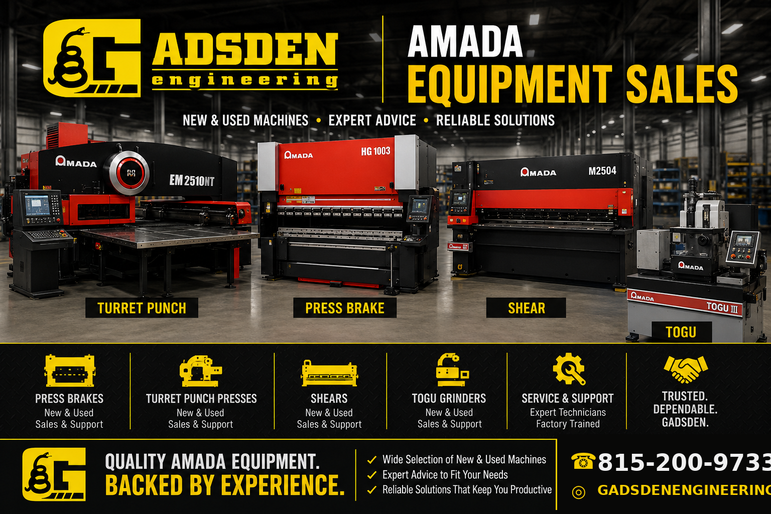 Gadsden Engineering Amada equipment sales banner showing turret punch press, press brake, shear, and TOGU grinder for new and used machine sales and support