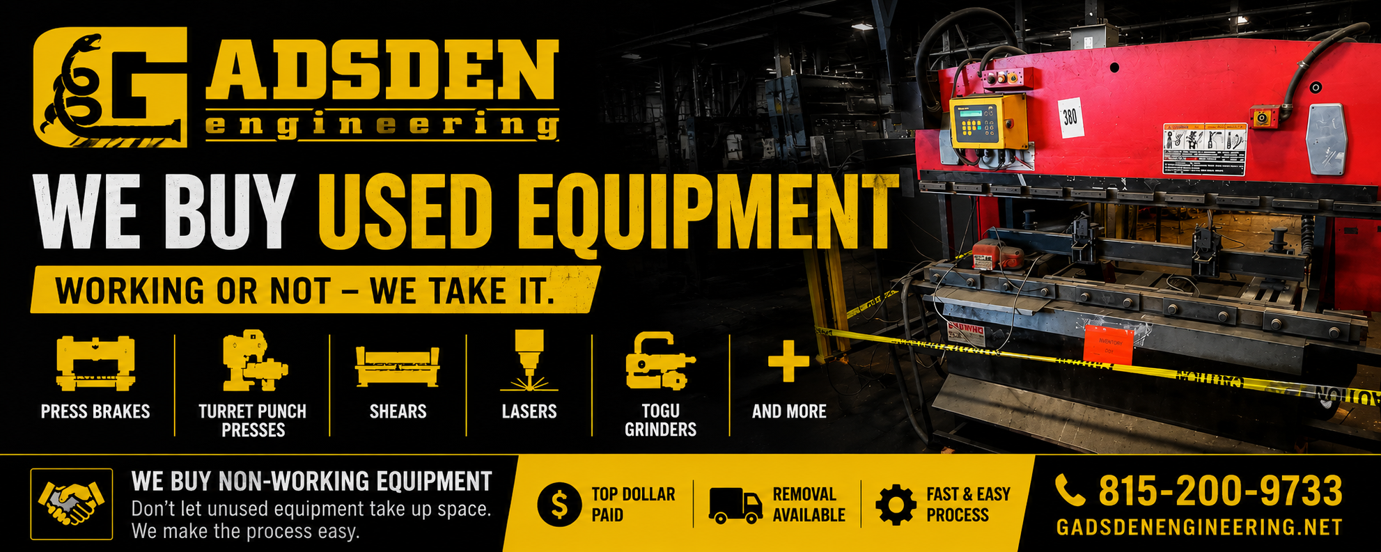 Gadsden Engineering buys used and non-working Amada equipment including press brakes, turret punch presses, shears, lasers, and Togu grinders