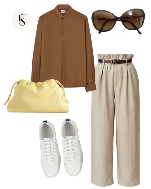 Tenue 3, chemise terracotta, pantalon, sac jaune beurre, baskets blanches