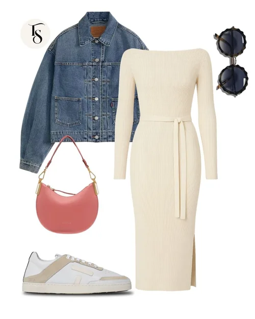 Tenue 1, veste denim, robe crème, sac rose, baskets blanches