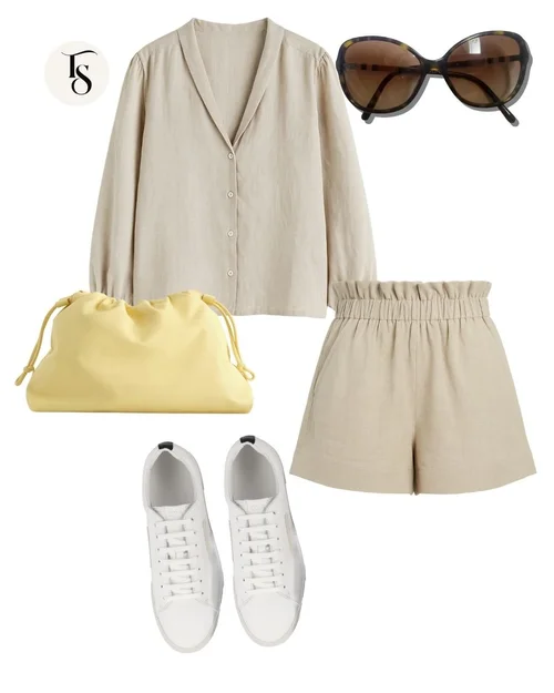Tenue 4, chemise, short, sac jaune beurre, baskets blanches