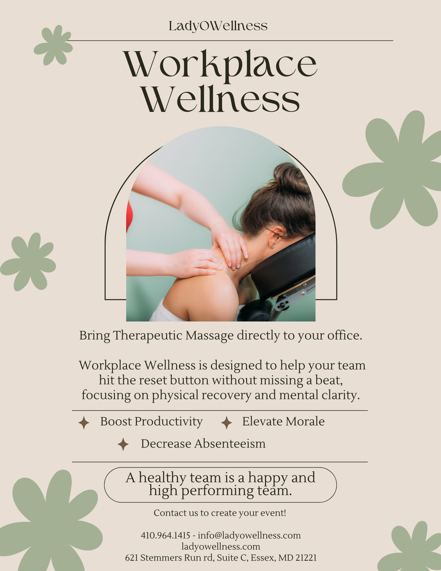 image of woman getting a chair massage with a description of the benefits of on site chair massage for companies and their employees
