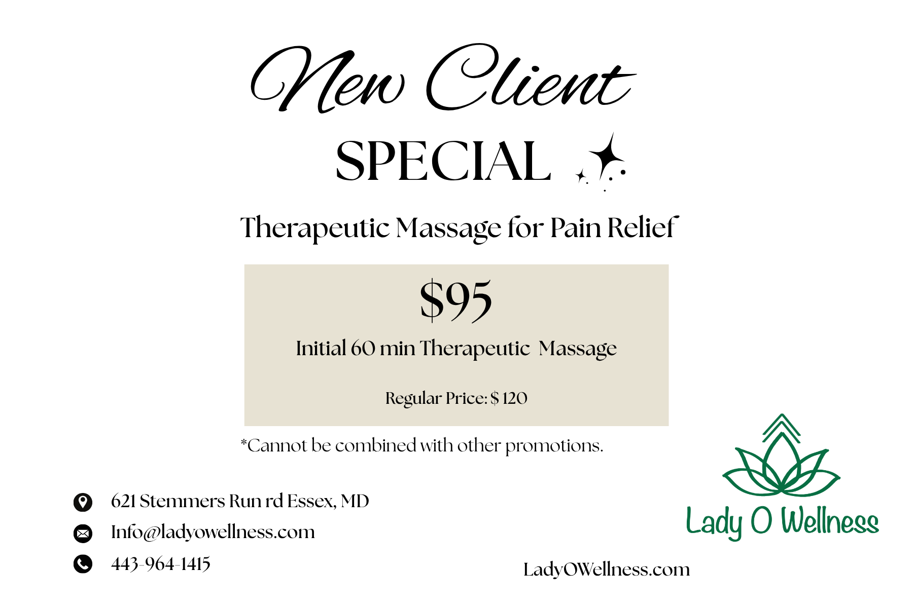 Elegant image offering new clients a discount on 60 minute therapeutic massage