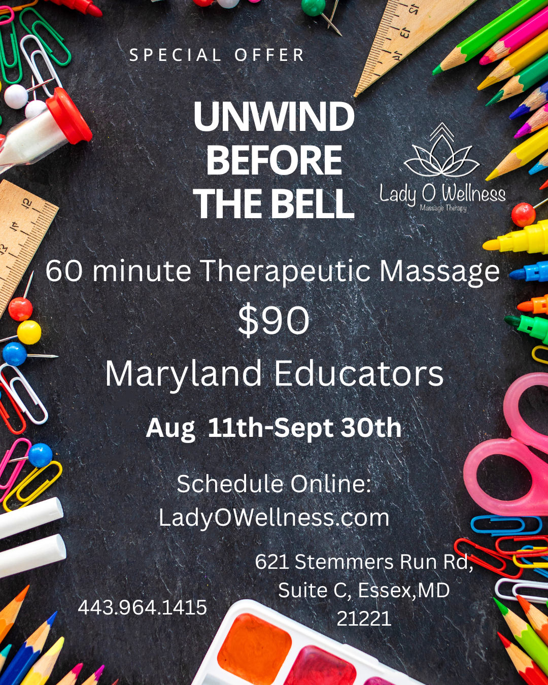 school supplies design offering a discount for Maryland Educators and school staff on a 60 minute therapeutic massage