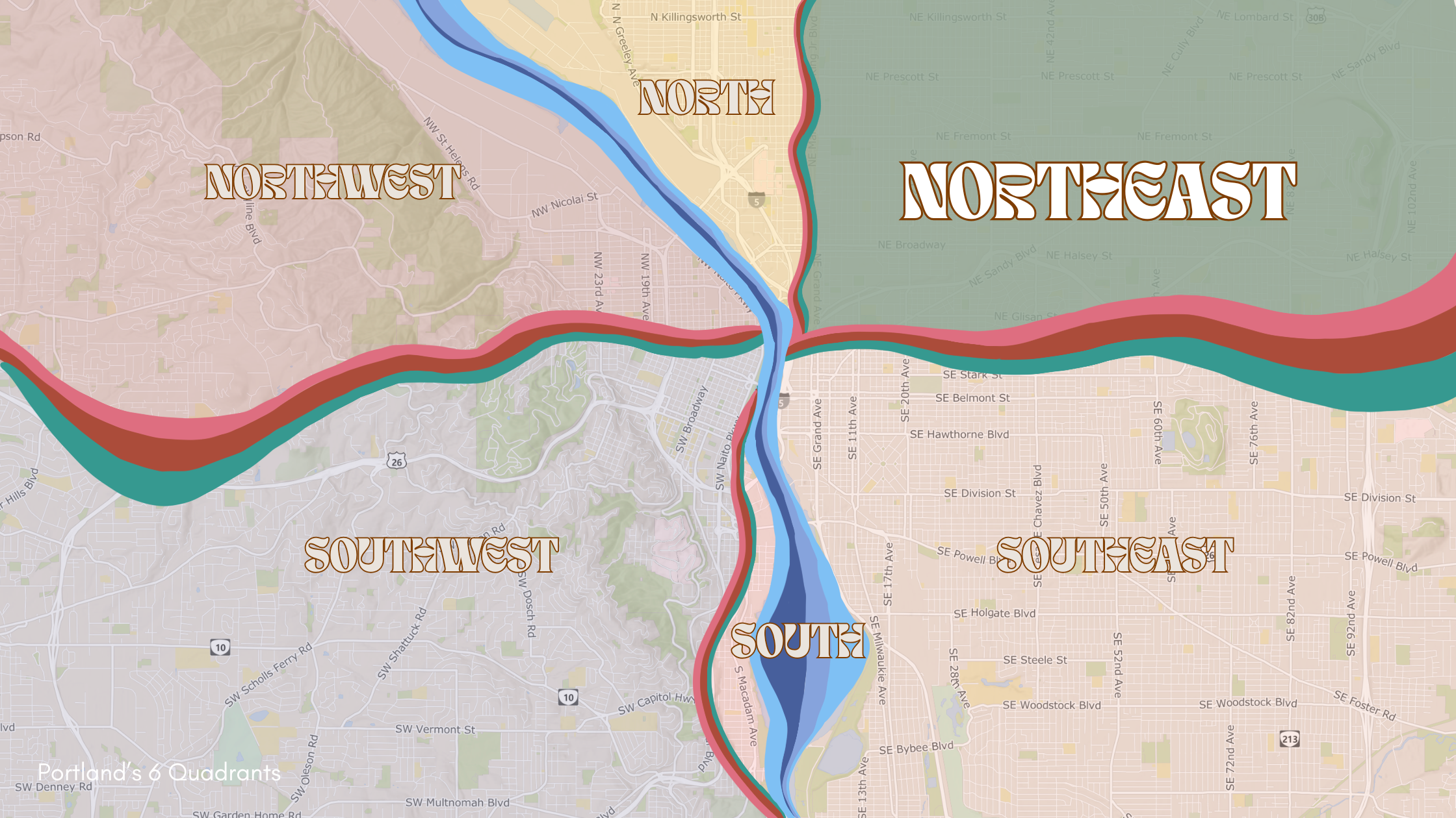 Map of Portland with the Northeast quadrant highlighted in green