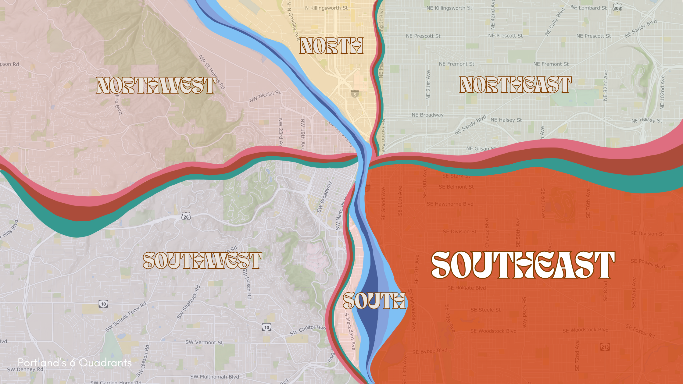 Map of Portland with the Southeast quadrant highlighted in orange