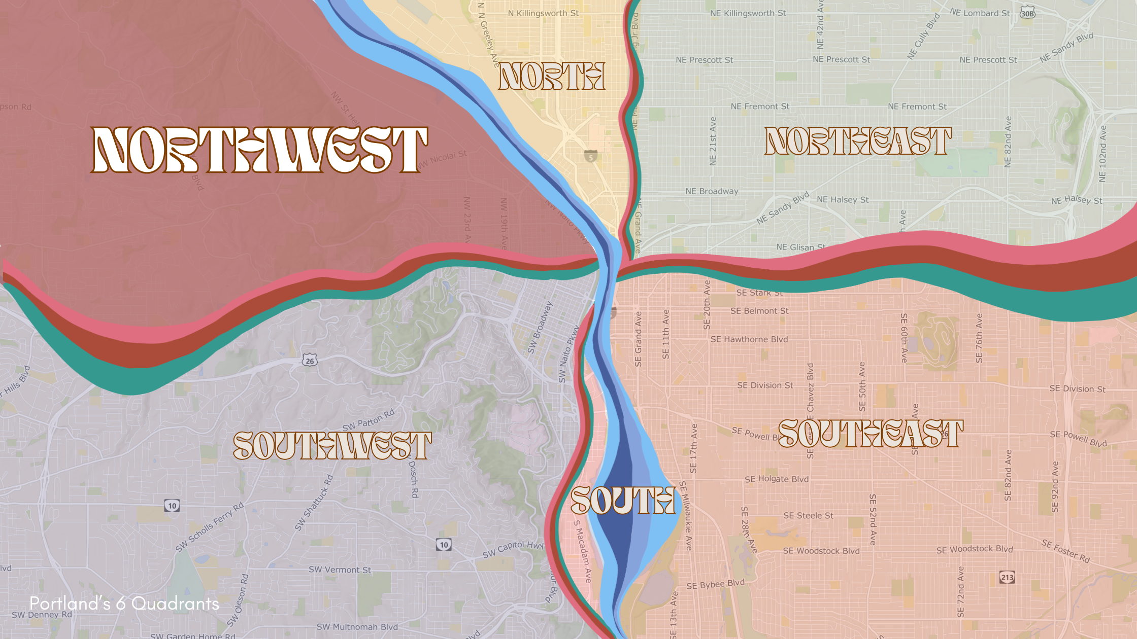 Map of Portland with the Northwest quadrant highlighted in maroon