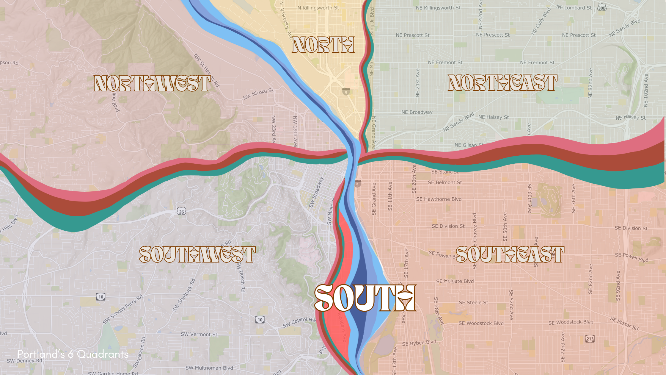 Map of Portland with the South quadrant highlighted in pink