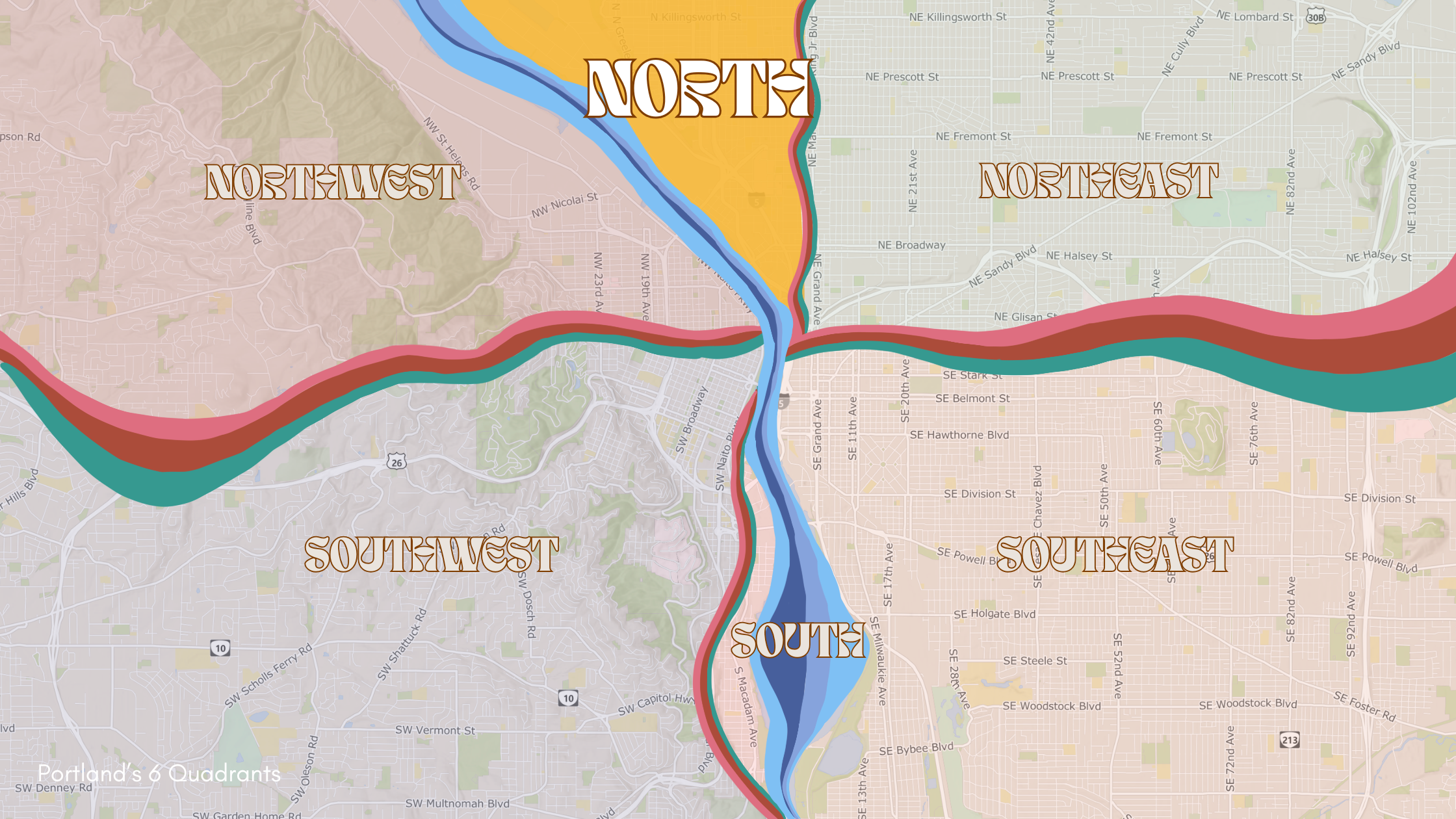 Map of Portland with the North Portland quadrant highlighted in yellow
