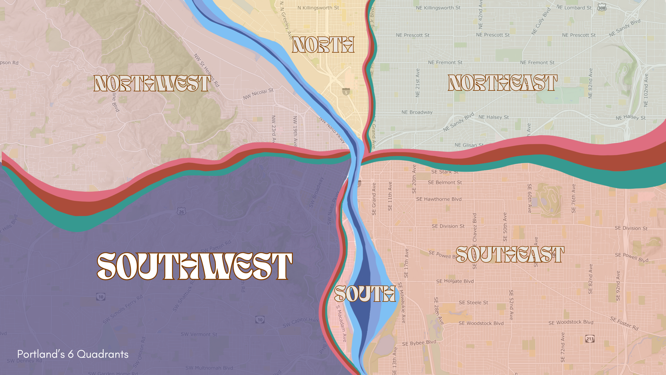 map of Portland, Oregon with the Southwest quadrant highlighed in Purple