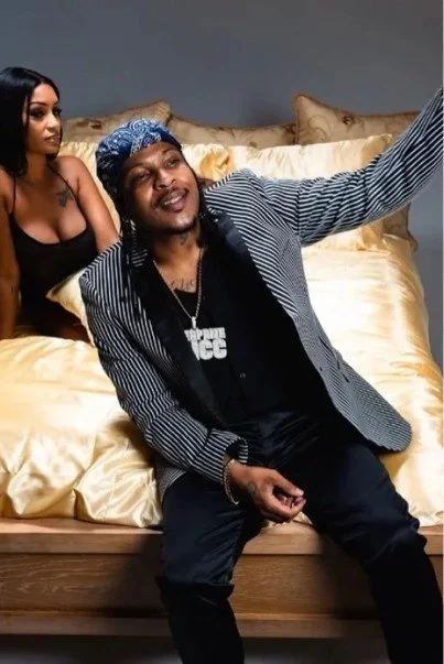 Fashion music stylist for man and woman sitting on bed