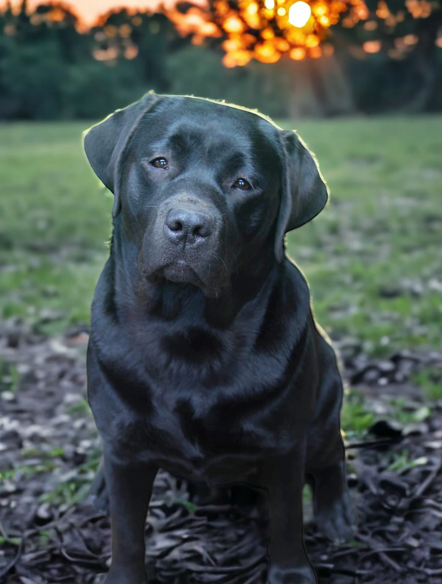A black Labrador retriever sitting outdoors on a leaf-covered ground with a sunset in the background.