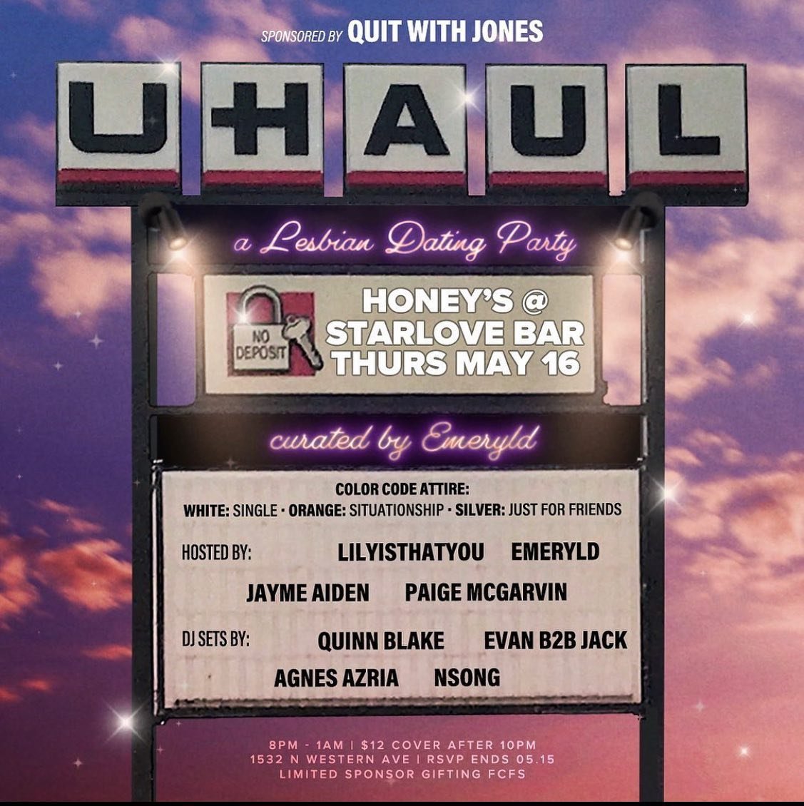 This Thursday is the launch of UHAUL PARTY: A LESBIAN DATING PARTY, curated by @lilemeryld. 

And there is a dress CODE💅🏽:

🤍White= Single 
🧡Orange= Situationship 
🥈Silver= Just For Friends

Date: Thursday 5/16
Time: 8PM -1 AM
FREE entry before 