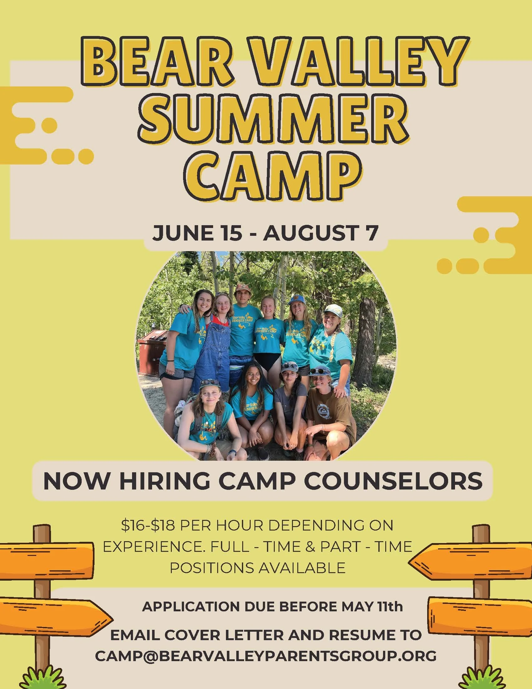 Flyer for Bear Valley Summer Camp from June 15 to August 7 featuring a group photo of smiling campers outdoors, and including details about hiring camp counselors, pay rate, and application instructions.