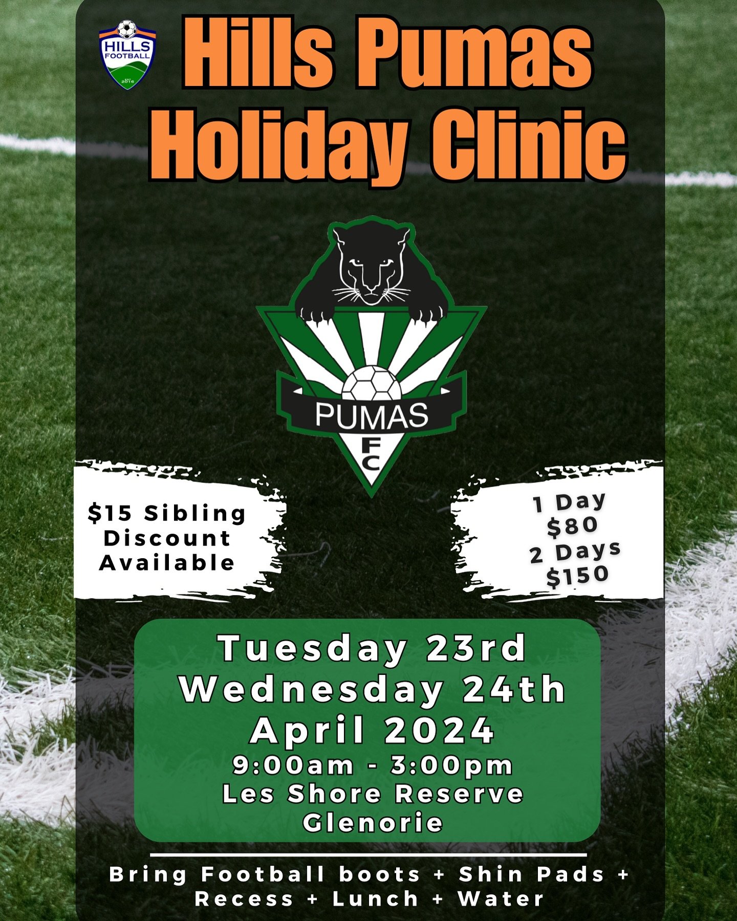 Friendly reminder for those attending Tuesday 23rd &amp; Wednesday 24th April Holiday Clinic 

Please bring:

💧 2 x Bottle of water
🌯 Recess &amp; Lunch
🧢 Hat &amp; Suncreen
⚽️ Football Boots &amp; Shin Pads

Arrive: 8:45am for a 9am Kick-off 

We