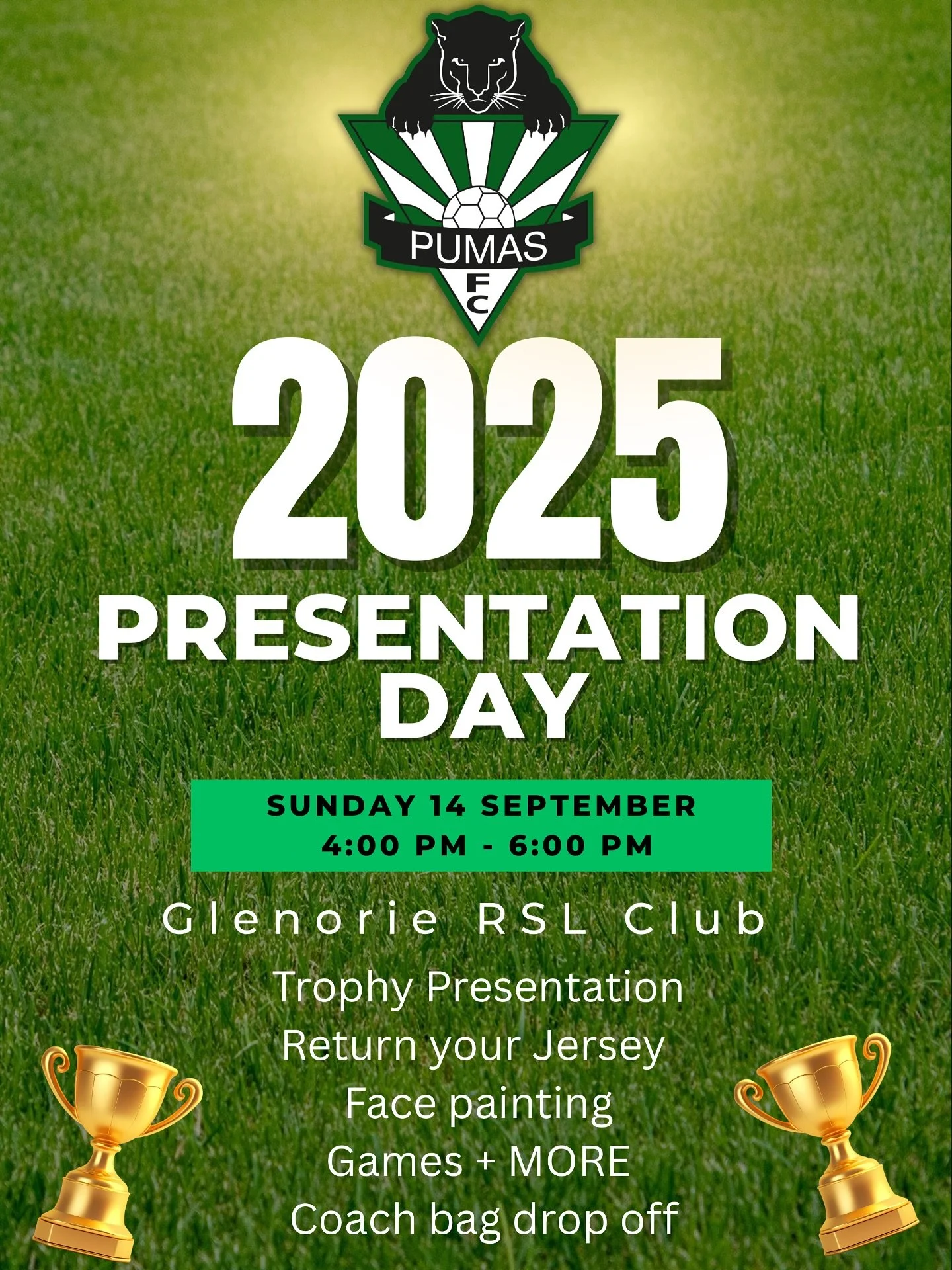 📣 Reminder: 2025 Presentation Day!

📅 Sunday 14 September
🕓 4:00pm &ndash; 6:00pm
📍 Glenorie RSL Club

What&rsquo;s on:
⚽️ Trophy Presentation
🎨 Face Painting
🎲 Games + plenty of FUN!
👜 Coach Bag Drop off
👕 Jersey Collection

This year, we ki