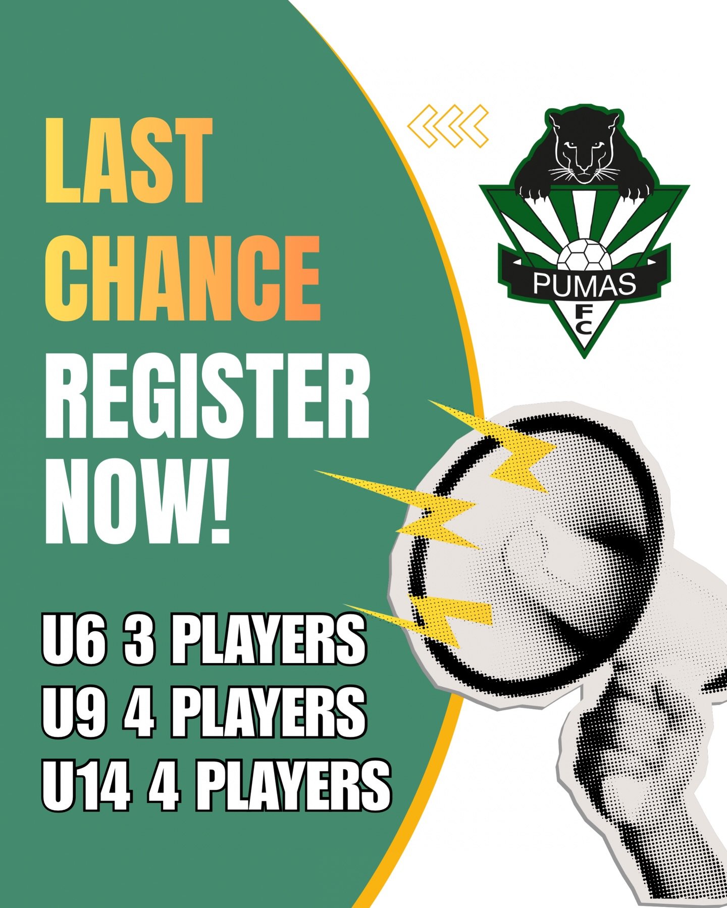 ⏰ Last chance to register!

Registrations close TONIGHT, Sunday 22nd February 

We still have limited spots available in the following age groups:

⚽ Under 6 &ndash; 3 spots remaining
⚽ Under 9 &ndash; 4 spots remaining
⚽ Under 14 &ndash; 4 spots rem