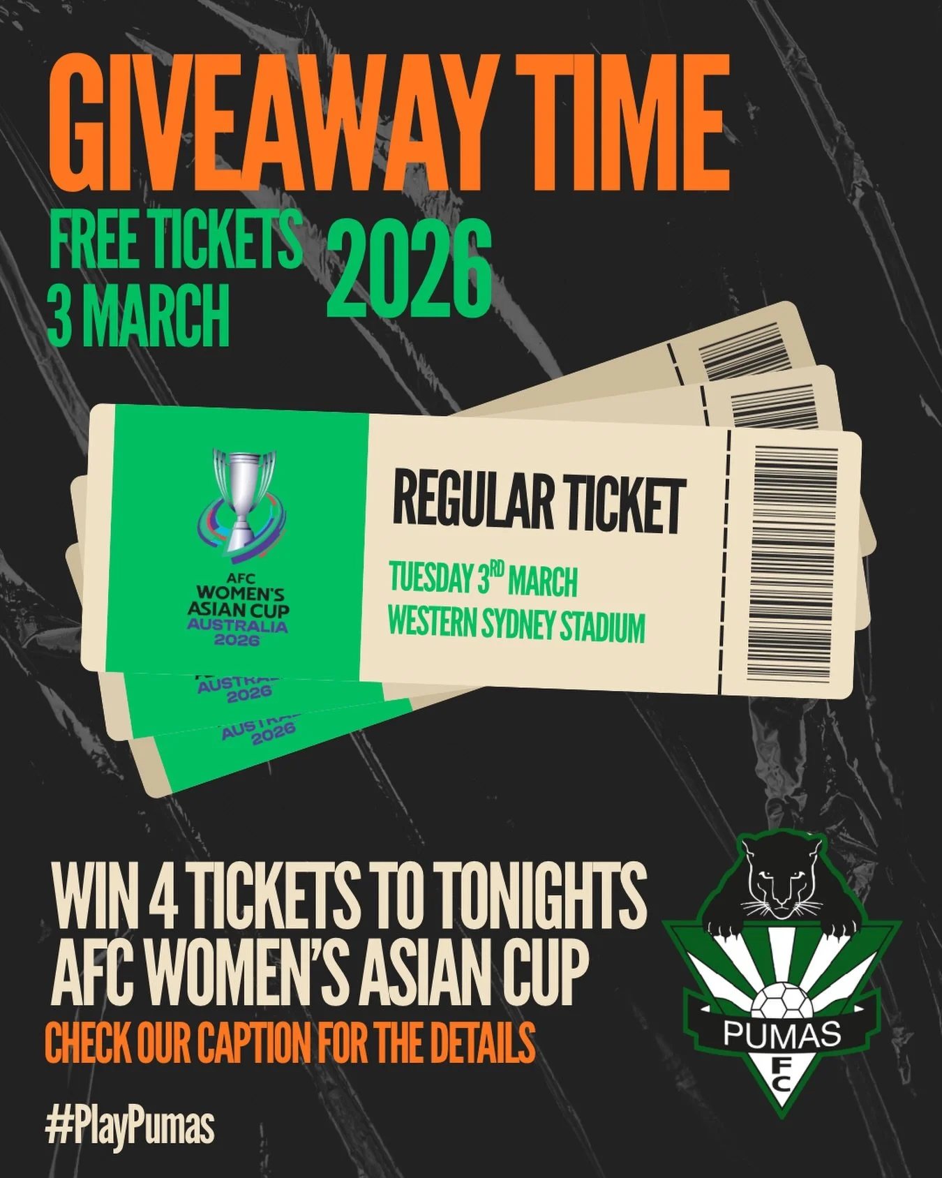 🎟 TICKET GIVEAWAY &ndash; TONIGHT! 🎟

We have 4 tickets up for grabs to tonight&rsquo;s AFC Women&rsquo;s Asian Cup clash China 🆚 Bangladesh at Western Sydney Stadium!

To be eligible:
✅ You must be registered with Hills Pumas this season
✅ Commen