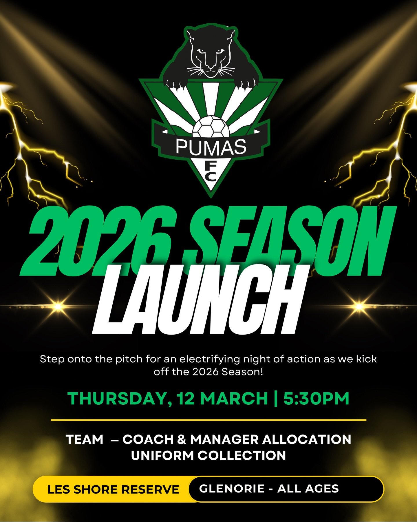Calling all Pumas! 🐾

Our 2026 Season Launch is happening on Thursday 12th March from 5:30pm at Les Shore Reserve ⚽️

This is the night that kicks off the season:
&bull; Meet your team
&bull; Allocate your coach and manager
&bull; Collect your jerse