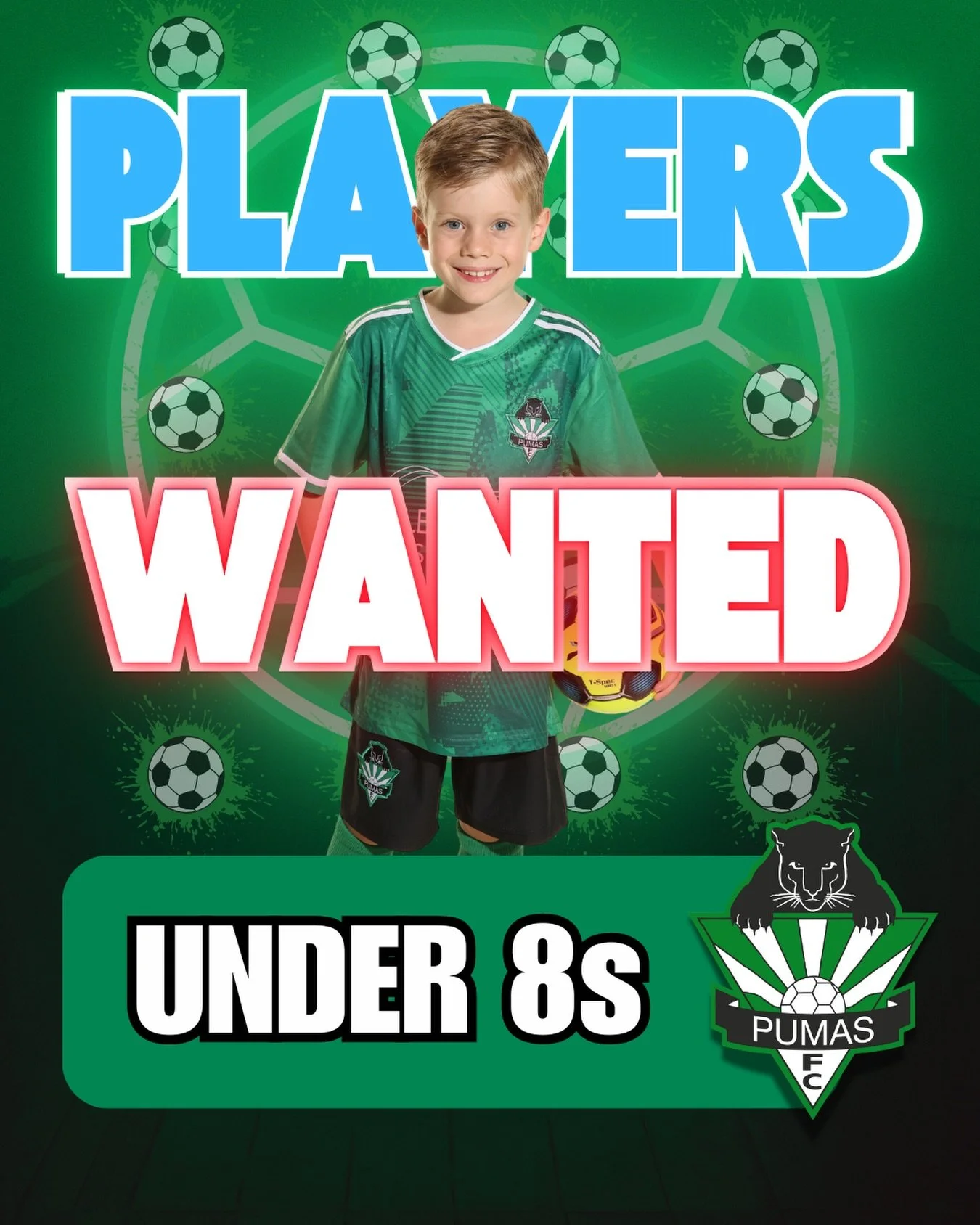 📣 Calling all U8&rsquo;s 

We have the following player vacancies:

⚽️ 3 x boys
💜 1 x girl

Get in touch asap to secure your spot! 

Join the team #PlayPumas 💚