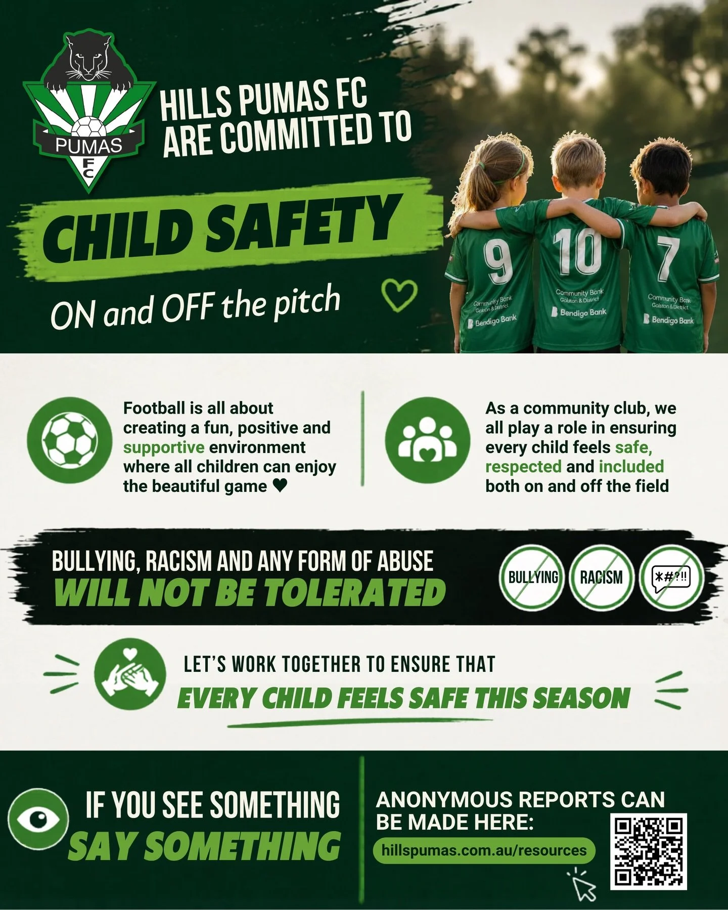 The Hills Pumas are committed to child safety both on and off the pitch 💚
 
Football is all about creating a fun, positive and supportive environment where all children can enjoy the beautiful game ⚽

As a community club, we all play a role in ensur