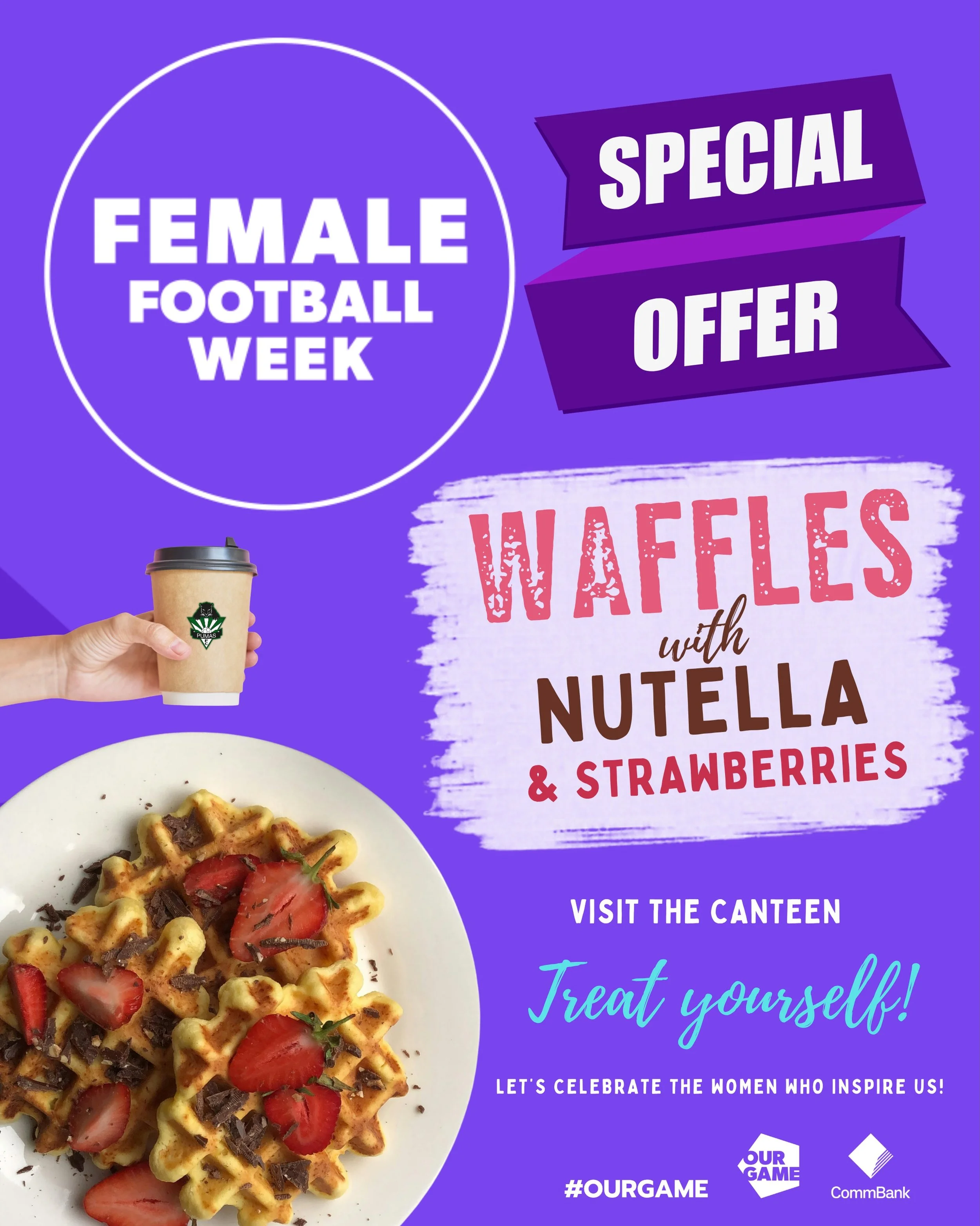 💚⚽ Kick off Female Football Week and celebrate Mother&rsquo;s Day with us this Saturday! ⚽💚

Head down to the canteen and treat yourself to our delicious Nutella waffles topped with fresh strawberries 🍓🧇

Plus enjoy our Mother&rsquo;s Day special