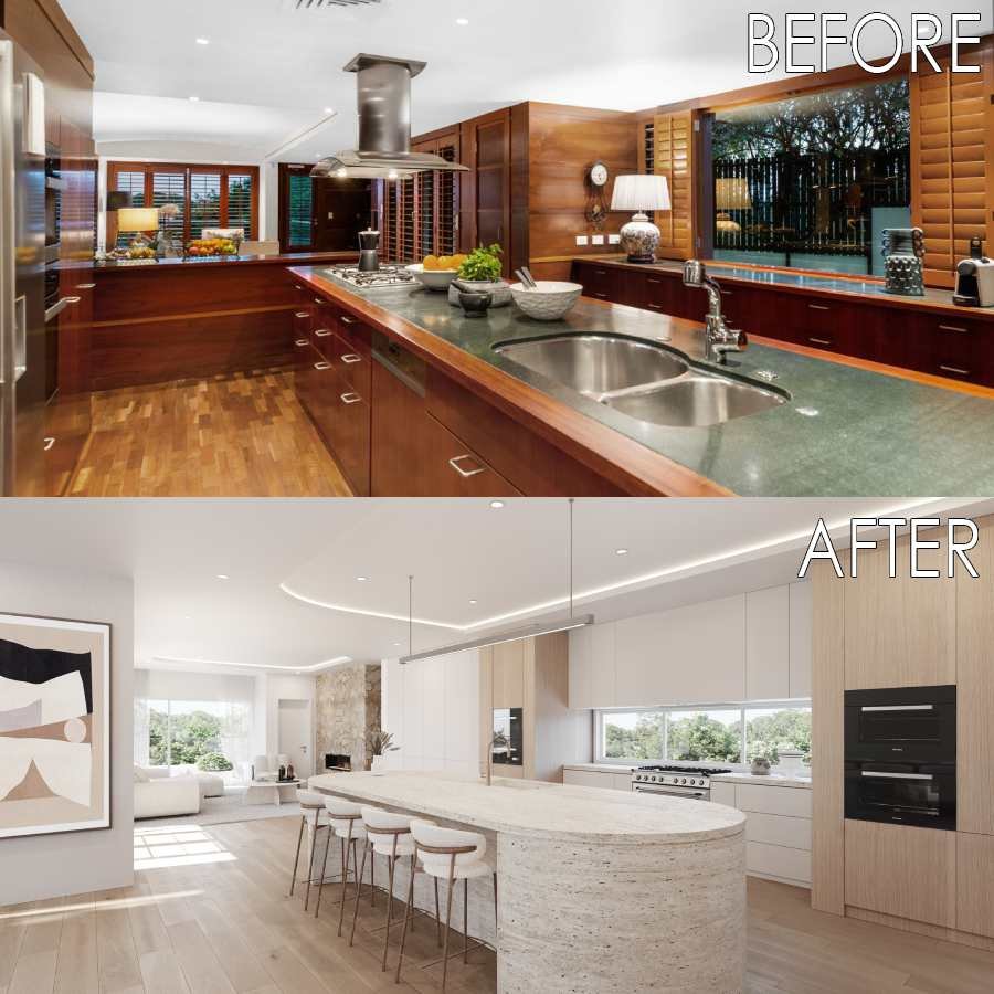 Before and After Kitchen and Living Room View 249 Harts Road, Indooroopilly QLD 4068.jpg