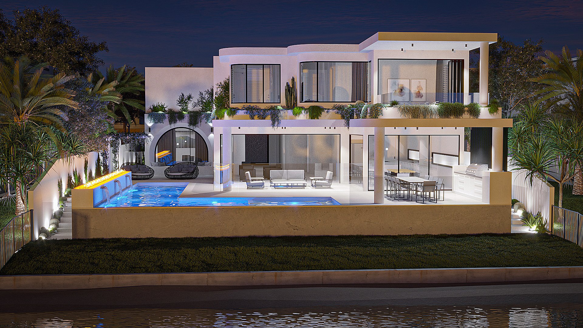 3D Render New House Design, Broadbeach QLD 4218 Exterior Back Dusk Night.jpg