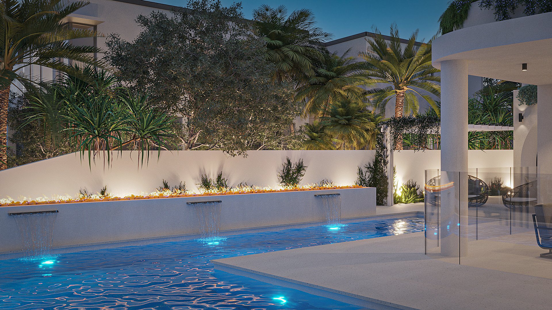 3D Render New House Design, Broadbeach QLD 4218 Pool Waterfall Fire Water Feature Night.jpg