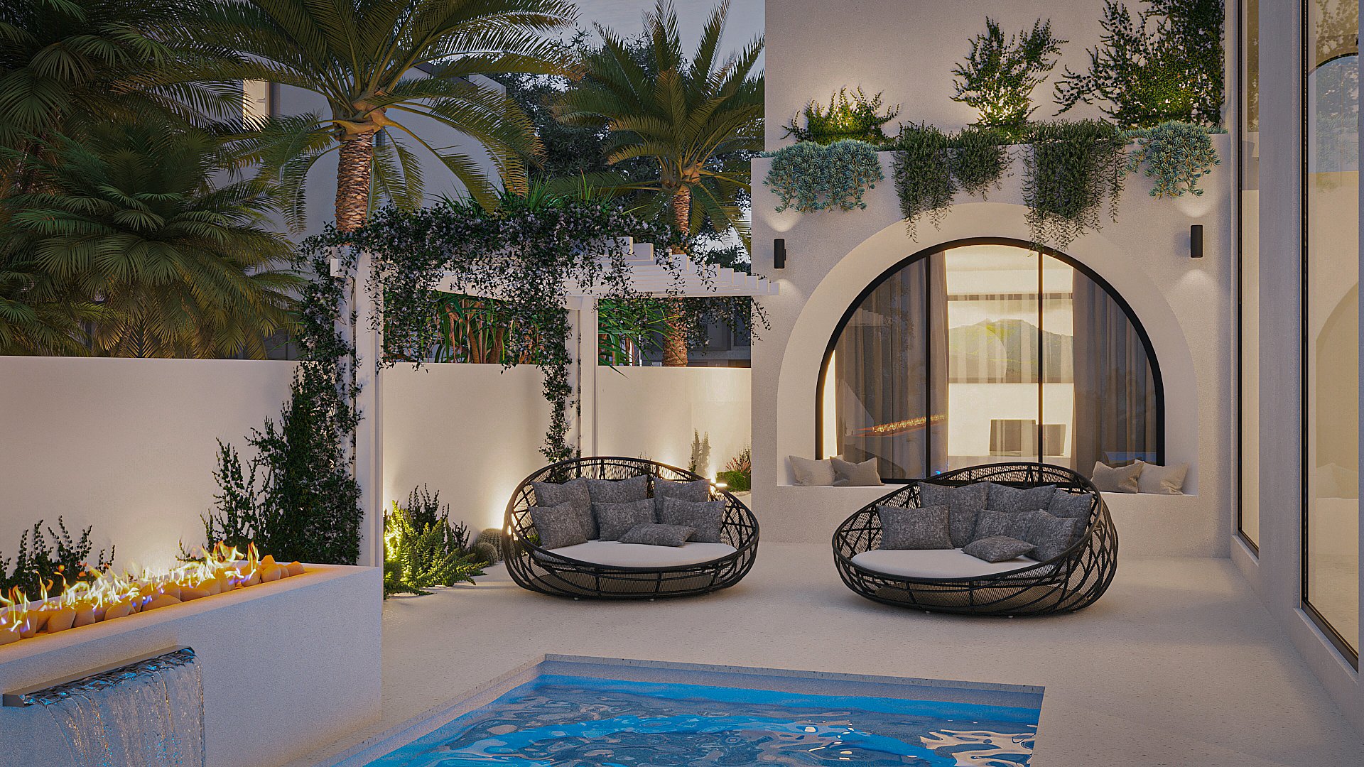3D Render New House Design, Broadbeach QLD 4218 Pool Waterfall Day Bed Fire Arch Seat Night.jpg