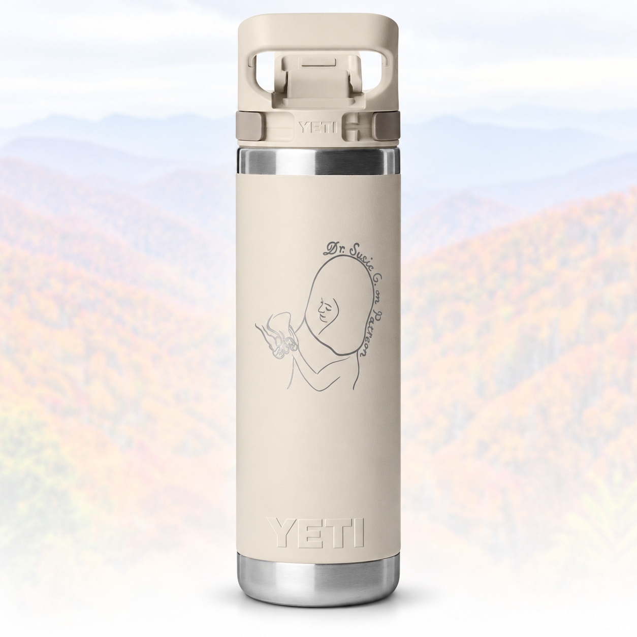 Cream YETI Bottle, Faded Mountain Backdrop.png