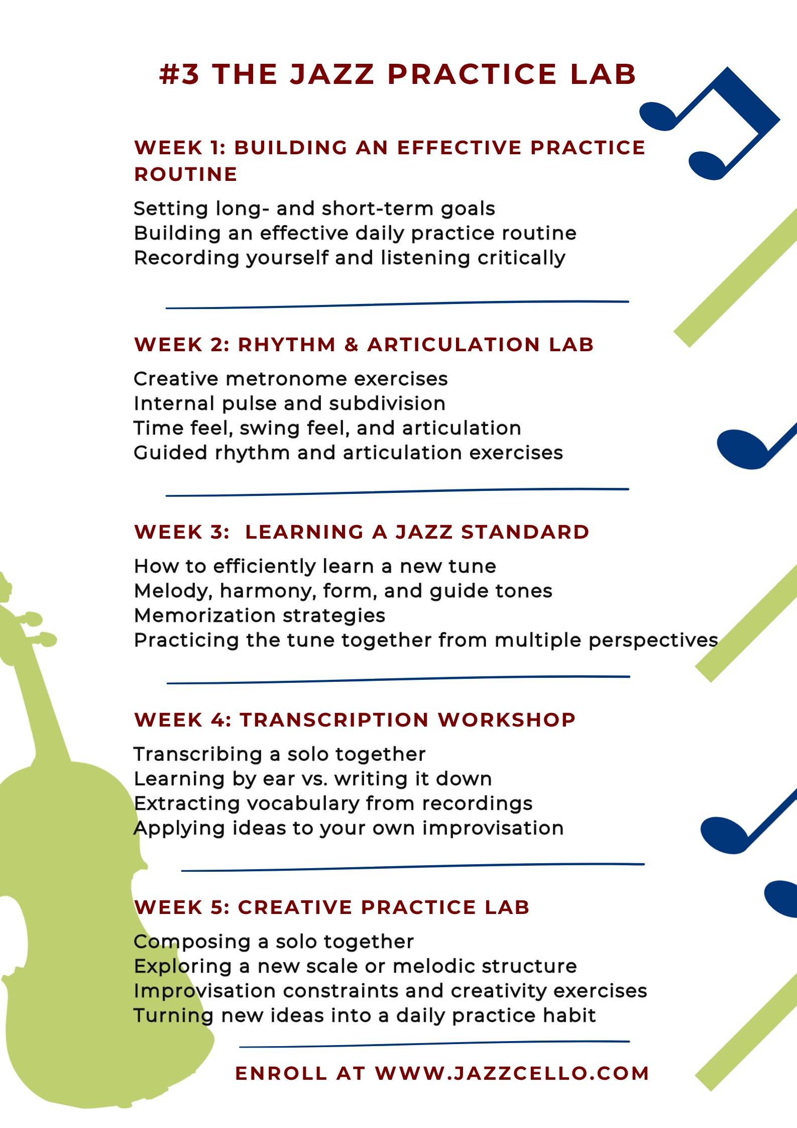 A detailed outline of a jazz practice course, listing weekly topics such as building a practice routine, rhythm and articulation, learning jazz standards, transcription, and creative practice, with colorful decorative elements on the side.