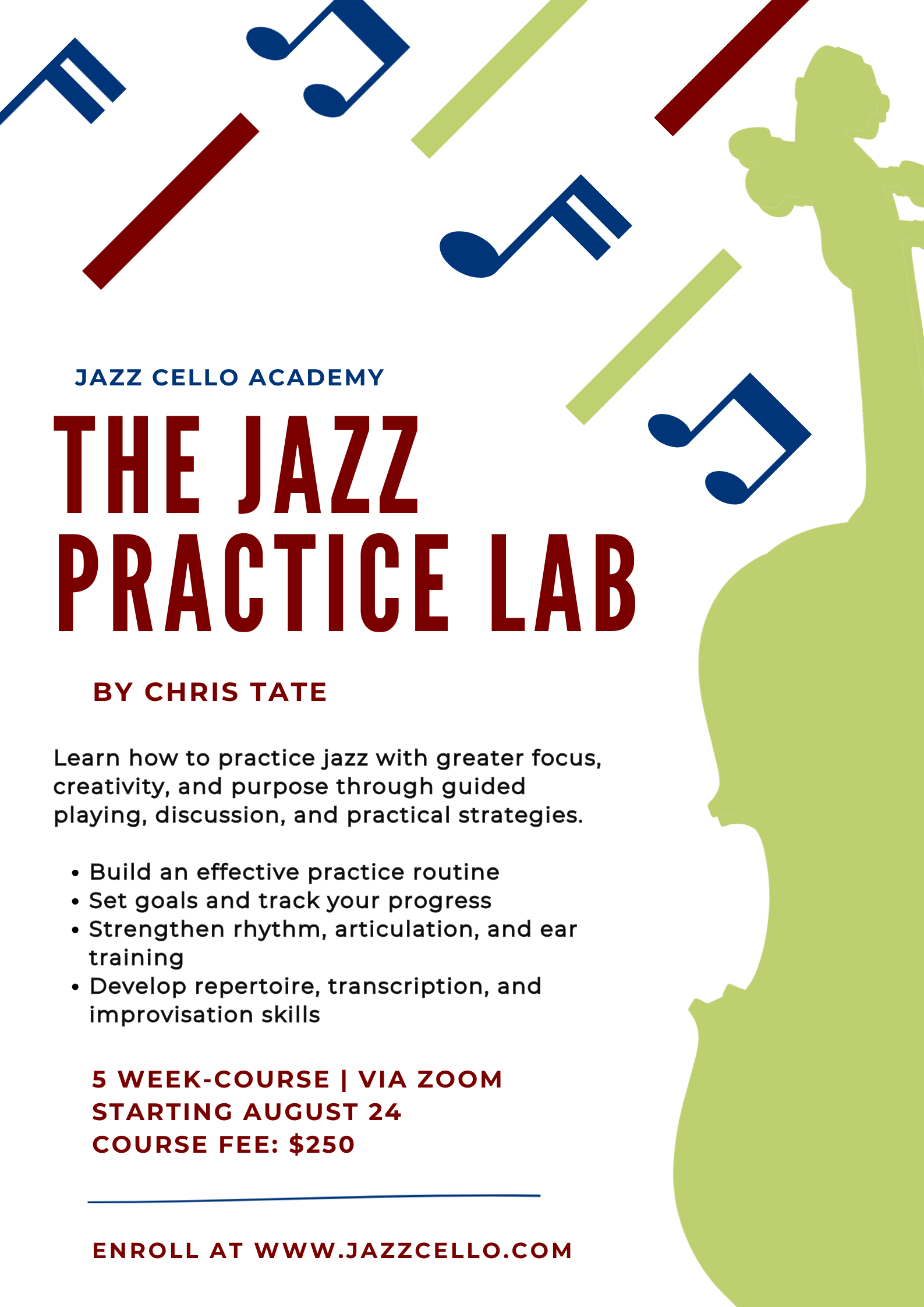 A promotional flyer for Jazz Cello Academy's 'The Jazz Practice Lab' course. The flyer features musical notes, a silhouette of a jazz musician, and text detailing the course's focus, structure, start date, fee, and enrollment website.