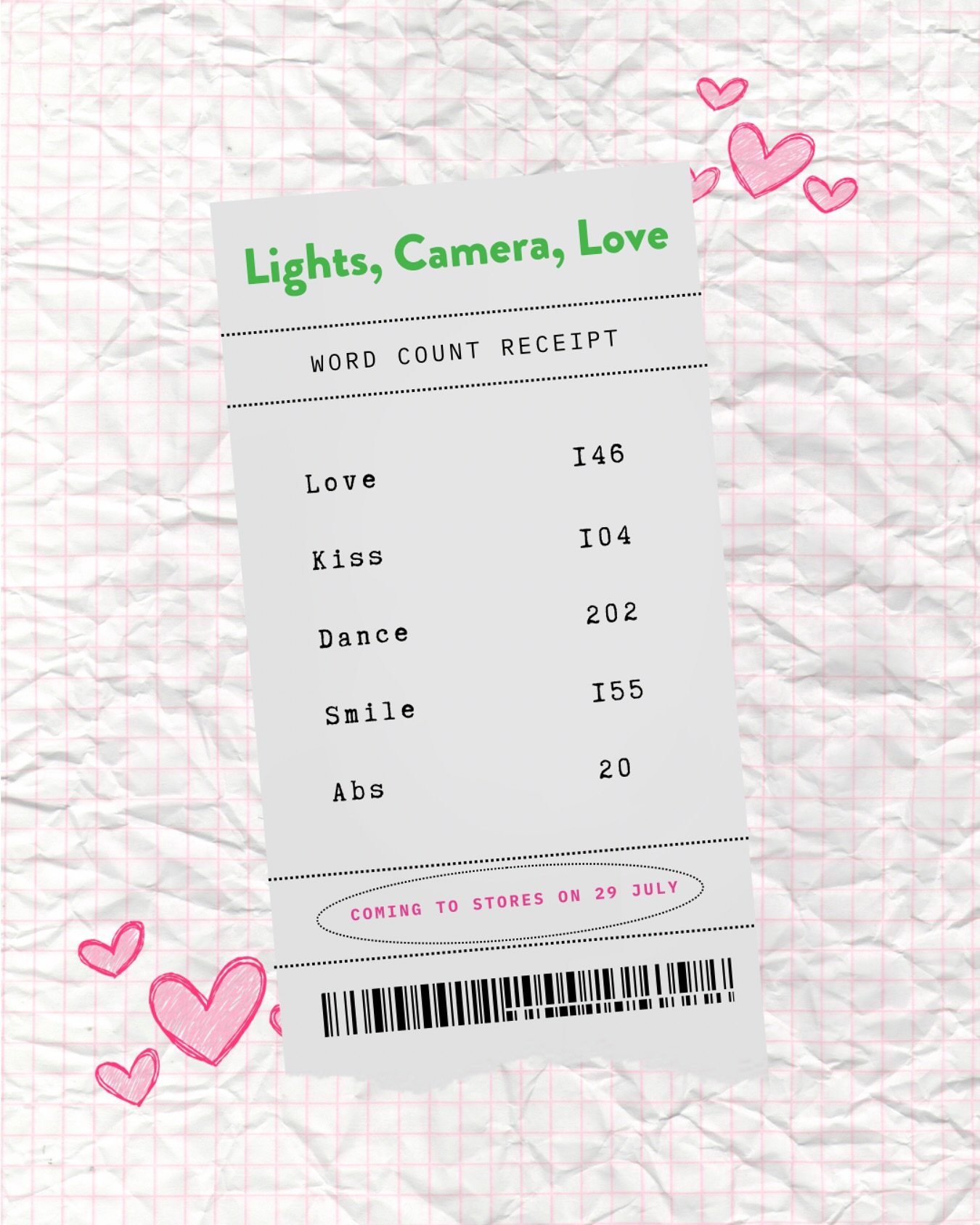 My word count receipt for LIGHTS, CAMERA, LOVE&mdash;a grumpy-sunshine romance that's full of heart, heat, and abs. Lol.

It&rsquo;ll hit shelves on 29 July but is available for pre-order now! Make sure you email me a copy of your pre-order receipt a