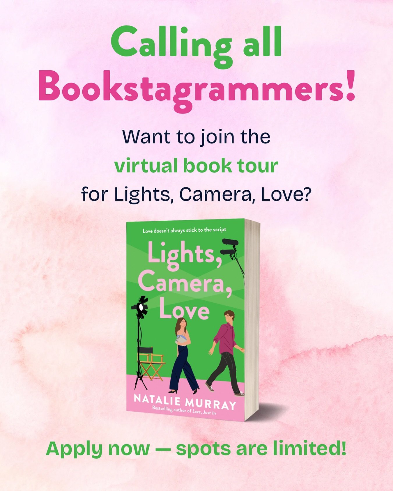 Would you like a free copy of LIGHTS, CAMERA, LOVE, and a chance to chat with little old me about it? We're putting together a virtual book tour, and we&rsquo;d love for you to be part of it! The perks:

💚 Get an early copy of the book
🩷 Join a liv