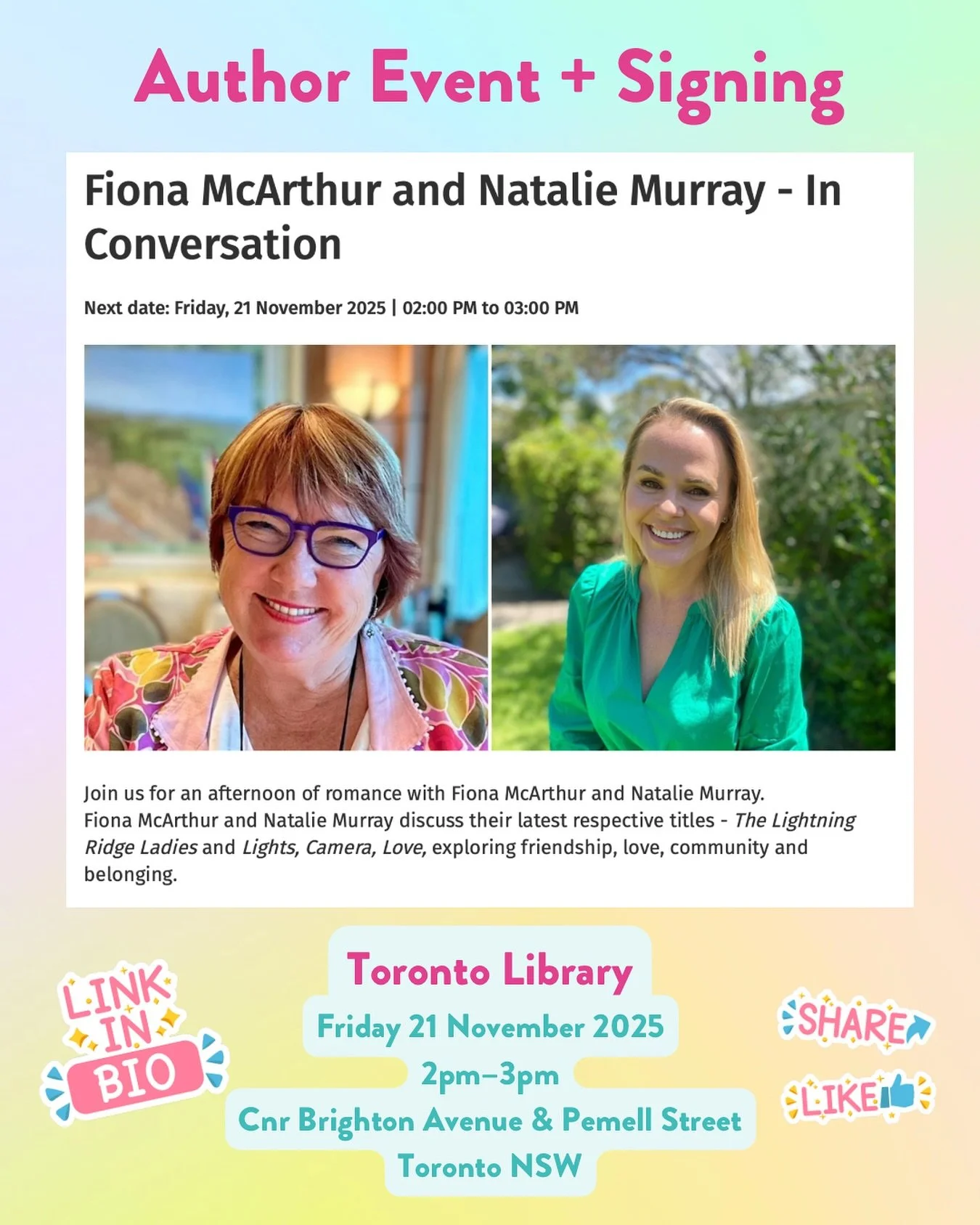 Att: Lake Mac, Newcastle & Hunter friends! 📣
I’m so pleased to be joining @fiona_mcarthur_author at Toronto Library on Friday 21 November to chat about all things romance. 💕 This is a FREE event but bookings are essential—hit the l